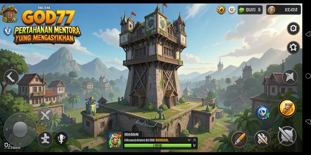 Screenshot utama GOD77 yang menunjukkan aksi pertahanan menara.