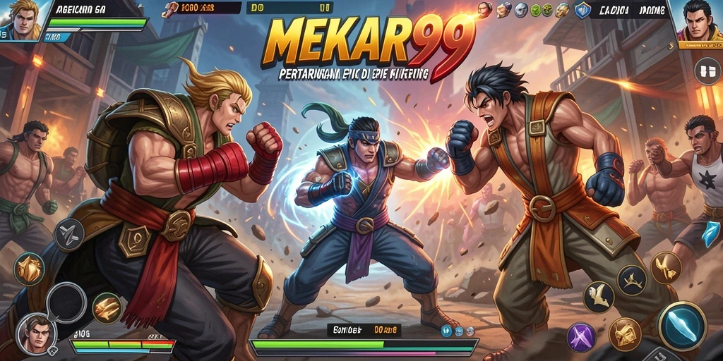 Tangkapan layar gameplay MEKAR99 menunjukkan pertarungan intens dan karakter yang dinamis.